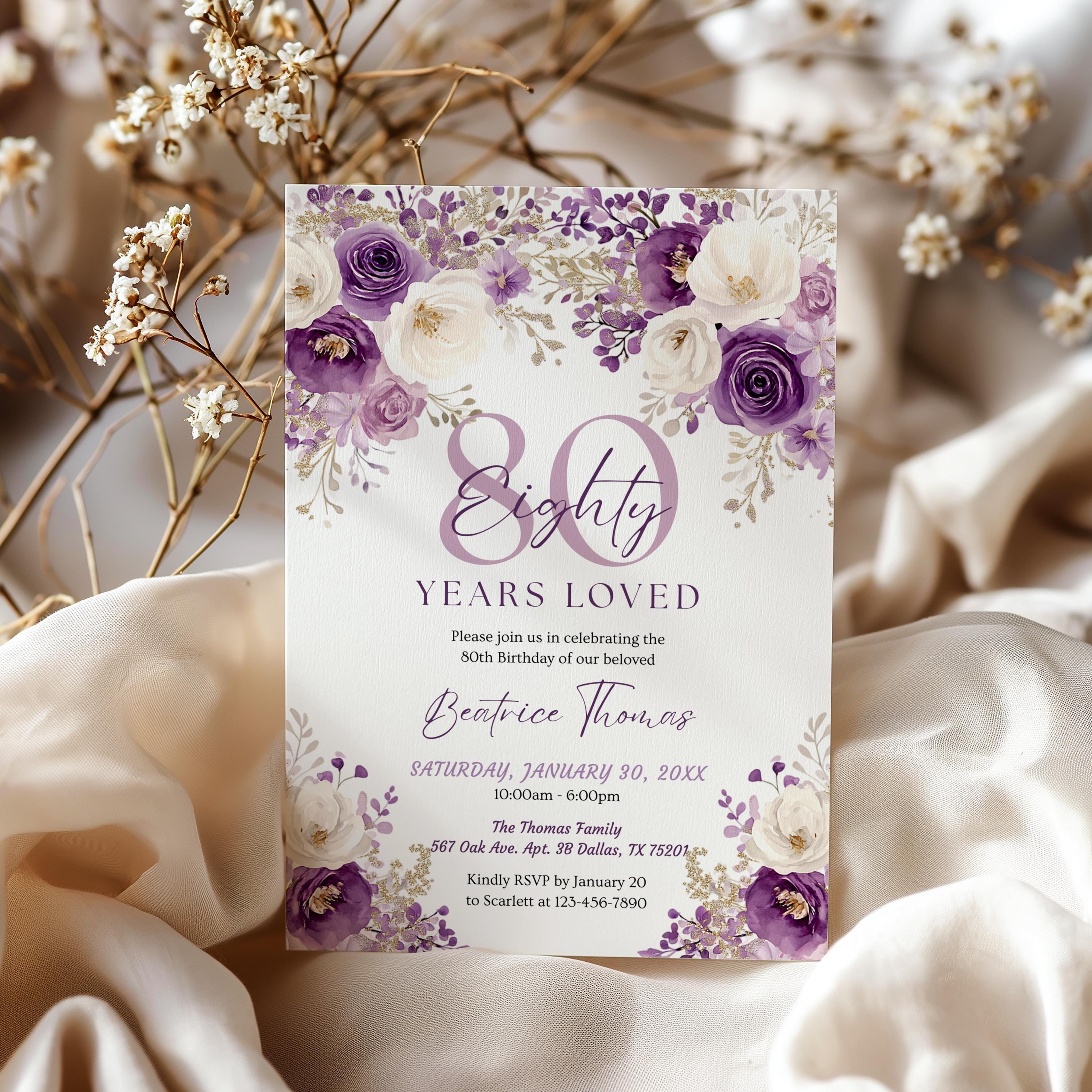 80 Years Loved Invite, Floral 80th Birthday Invitation for Woman ...
