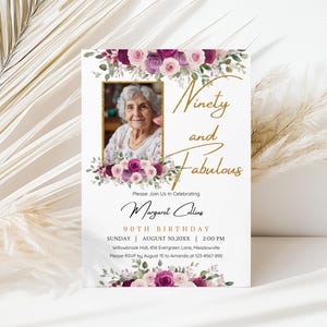 Editable 90th Birthday Invitation with Photo, Floral 90th Birthday Invitation for Women, 90 Birthday Party Celebration, Canva Template CB079