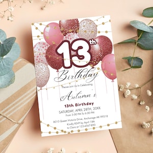 13th Birthday Invitation, Pink and Brown 13th Birthday Party Invitation Girl,  13th Birthday Celebration, Balloons Invitation, Canva CB018
