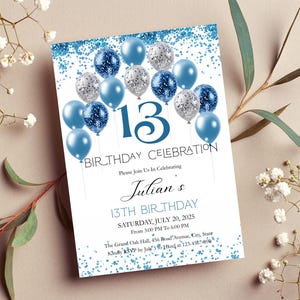 13th Birthday Invitation Boy, Blue Balloons 13th Birthday Party Invitation, Thirteen Birthday Celebration Invite, Glitters Invitation CB013