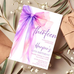Pink Purple Bow 13th Birthday Invitation Girl, 13th Birthday Party Invitation Template, Thirteen Birthday Celebration, Canva Template CB005