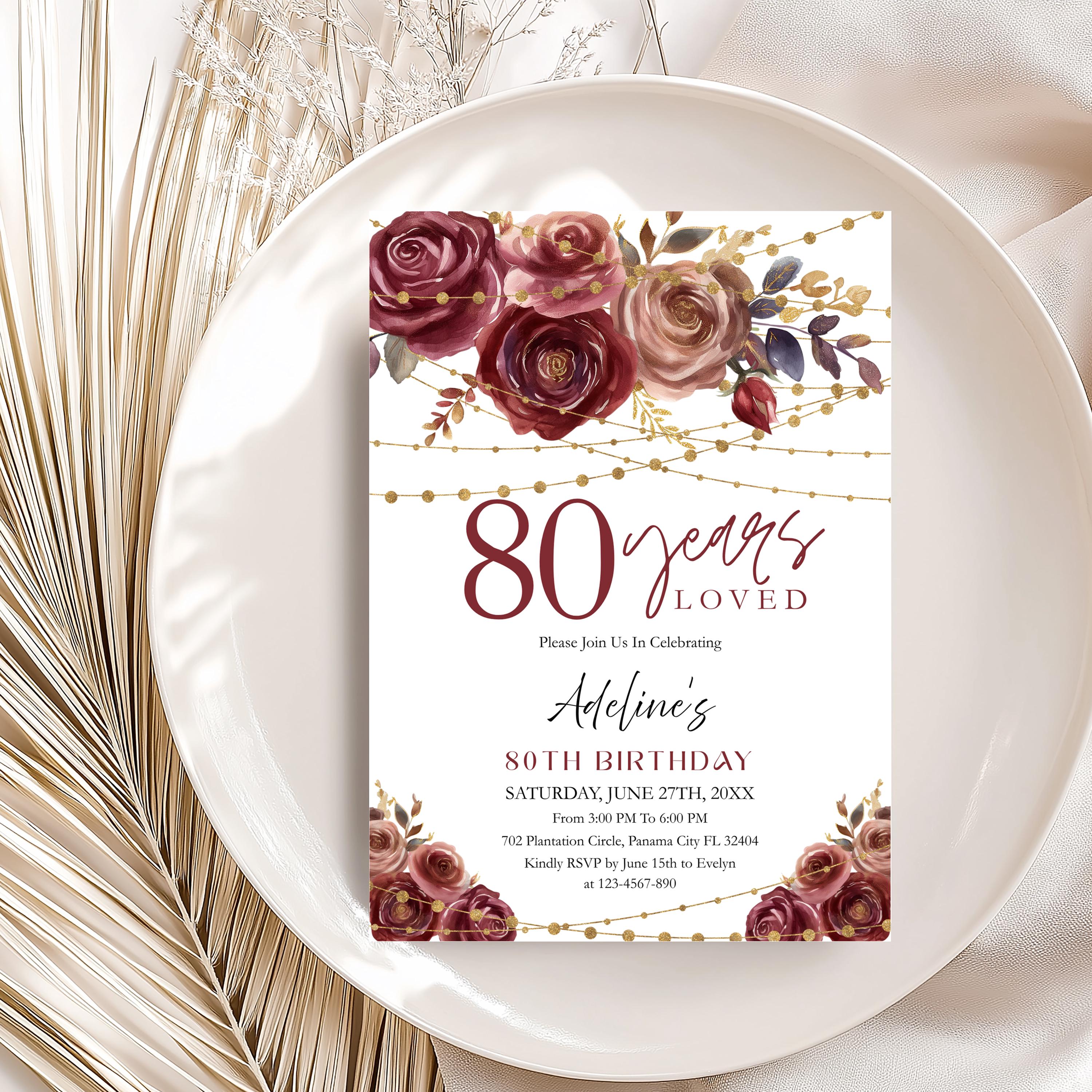 80 Years Loved, Floral 80th Birthday Invitation for Woman, Red and Gold ...