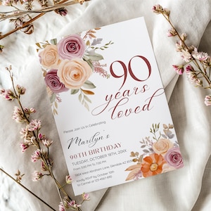 90 Years Loved, 90th Birthday Invitation for Women, 90th Birthday Party Invitation for Woman, 90 Birthday Celebration, Canva Template CB057