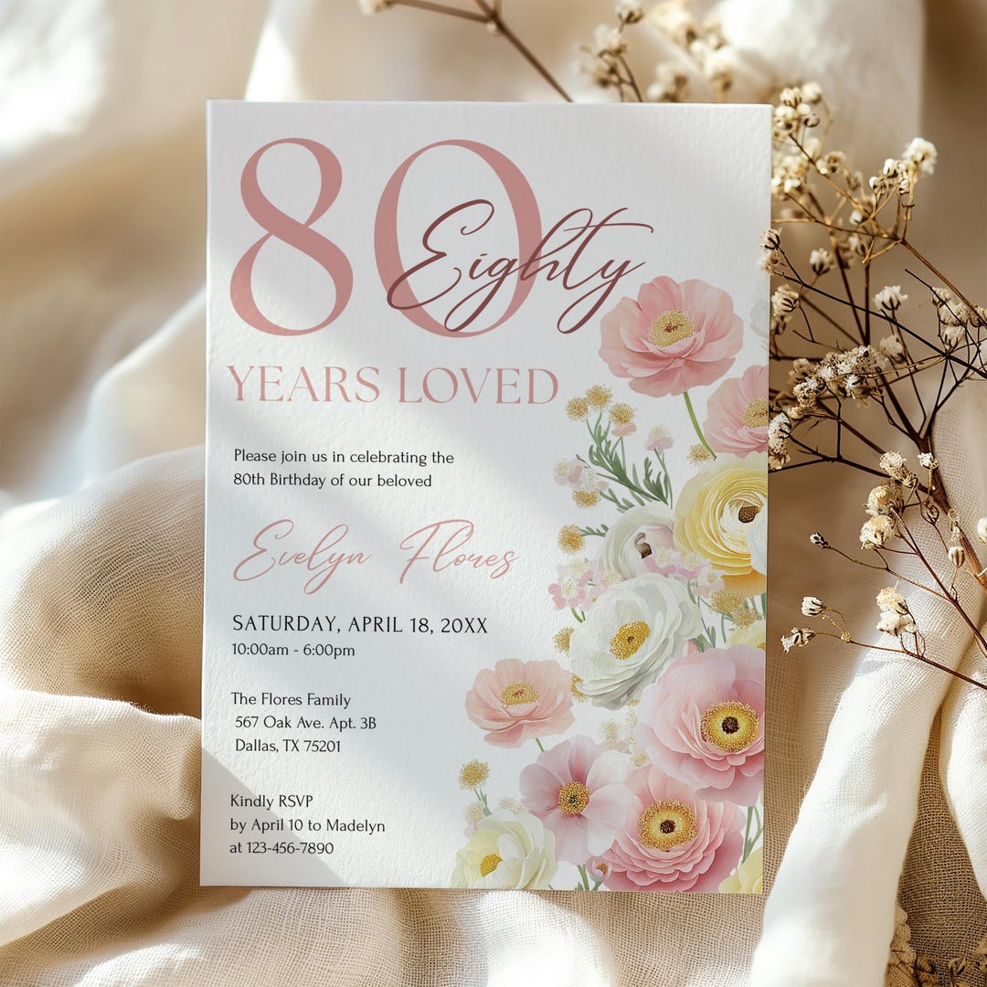 Pink 80 Years Loved, 80th Birthday Invitation for Woman, Editable ...