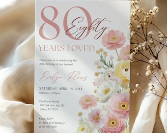 May include: An invitation for an 80th birthday celebration. The design features a large "80" in a soft pink hue, with the word "Eighty" in elegant script. Floral arrangements in pink, white, and yellow adorn the right side. The text includes the date, time, and RSVP information.