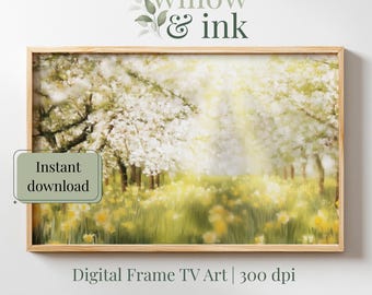 Blossom Orchard Samsung Frame TV Art – Spring Daffodils Digital Download, Cottage Landscape Painting, 4K Art for Frame TV 12TV