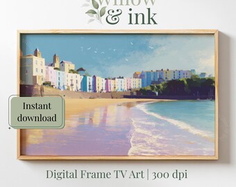 Tenby Beach Samsung Frame TV Art | Pastel Seaside Town Digital Download | Coastal Art for Art Mode Display | Summer Screensaver 31TV