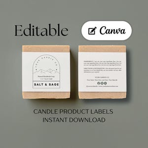 May include: Two rectangular bars of natural handmade soap with white labels. The labels read "SALT & SAGE" and "YOUR CANDLE CO." with mountain graphics. The image also includes the text "CANDLE PRODUCT LABELS INSTANT DOWNLOAD."