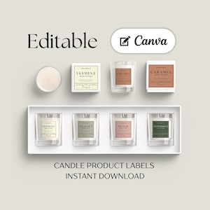 Może przedstawiać: Kolekcja zapachowych świec w przezroczystych szklanych słoiczkach, każda z etykietą wskazującą zapach. Etykiety zawierają teksty takie jak "Jasmine", "Caramel", "Seasalt", "Peach" i "Peppermint". Obraz zawiera również tekst "Editable" i "Canva".