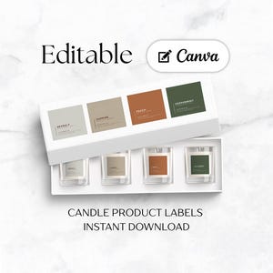 May include: A white box set containing four small glass candles with labels reading "Seasalt", "Jasmine", "Peach", and "Peppermint". The text "Editable" and "Canva" are also visible. The words "CANDLE PRODUCT LABELS INSTANT DOWNLOAD" are at the bottom.