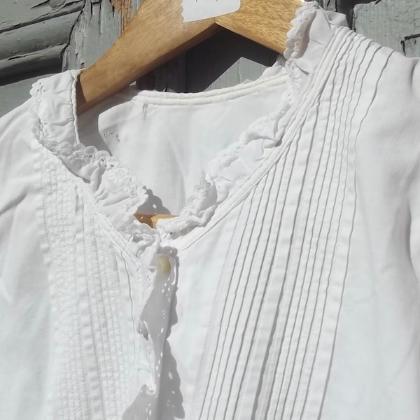 Vintage French Cotton Shirt School Teacher Blouse Broderie Anglais lace trim pearl buttons