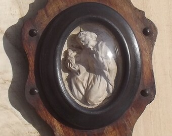 Antique French Ex-Voto Icon Carved Plaster Sacred Heart holy water font
