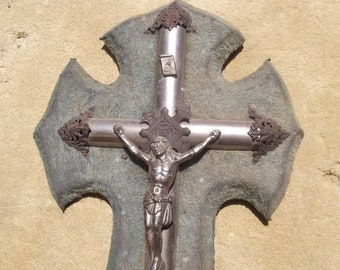 Antique French Wall Crucifix Victorian Velvet Cross with holy water font Benetier