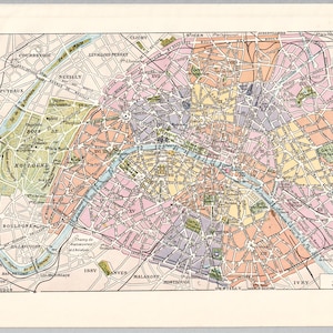 May include: A vintage map of Paris, France, with a detailed street layout. The map features a variety of colors, including pink, yellow, green, and blue, highlighting different districts and landmarks. The Seine River is prominently displayed, and the map includes text labels.