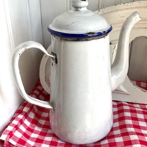Antique French Vintage White Enamel Coffee Pot 1920s tall jug with spout