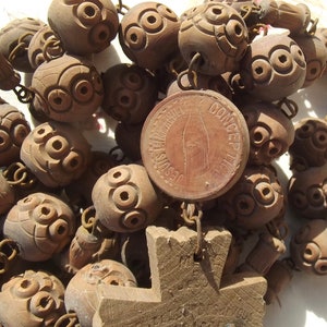 Antique French Rosary Beads Large carved wooden beads priests waist worn 6 decade dated 1883