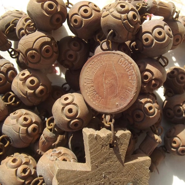 Antique French Rosary Beads Large carved wooden beads priests waist worn 6 decade dated 1883