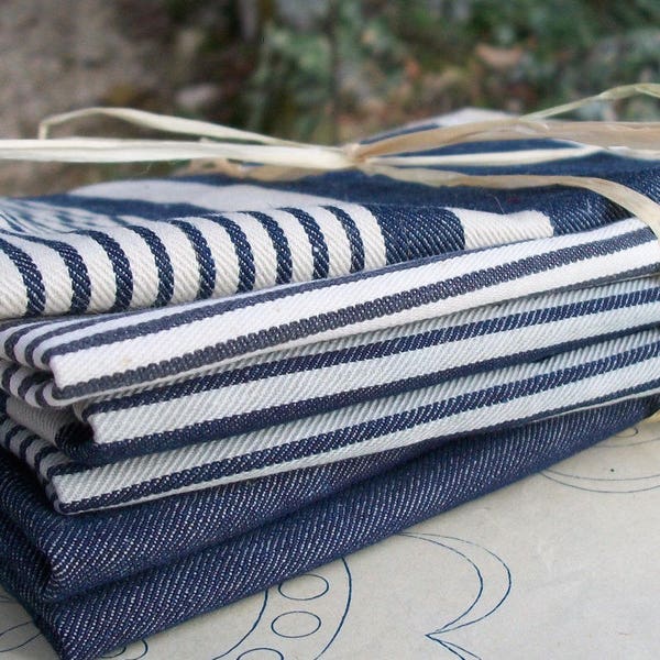 Bundle Vintage French 1930s Striped Ticking Fabric Herringbone blue navy indigo ink