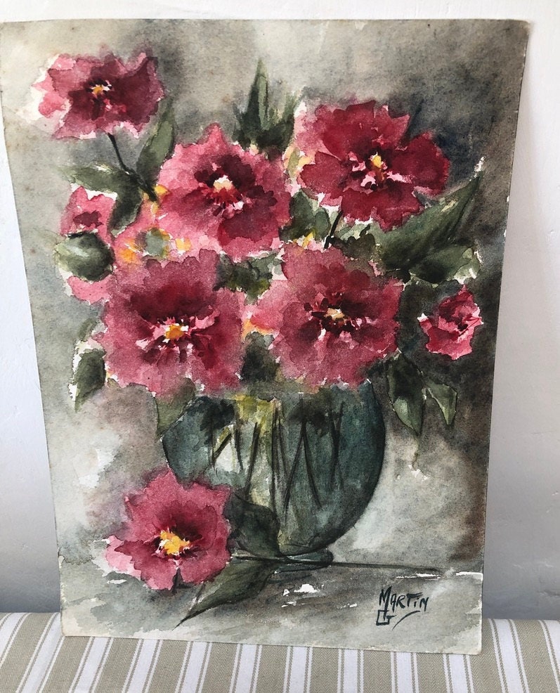 アンティークオリジナルフランス水彩画 1930年代 花瓶 サイン入り