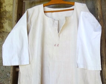 Antique French peasant Linen Smock Farmers Shirt Tunic Handstitched