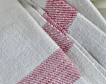 Antique French Chanvre Towel Woven linen cloth with herringbone red stripes.