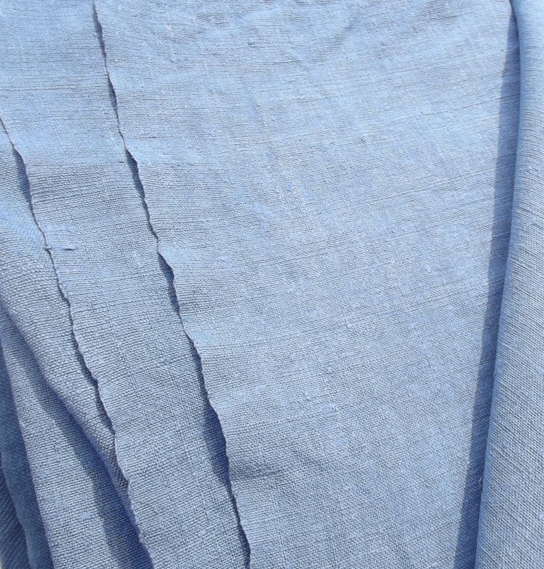 Vintage French Fabric Antique pure chanvre linen lovely weave loom width Woad Blue