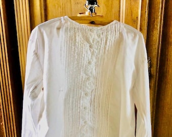 Vintage French Cotton Shirt School Teacher Blouse Pin tucked bodice trim buttons