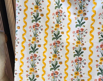 Vintage French Country Curtain Summer Yellow Ribbon floral cotton c1930 drape textile panel