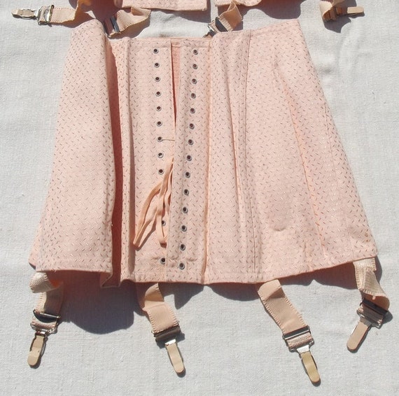 Vintage French Corset Apricot Pink Lace up girdle… - image 2