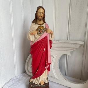 Antique French Statue Sacre Coeur Jesus Christ Sacred Heart Painted Plaster cast Figure