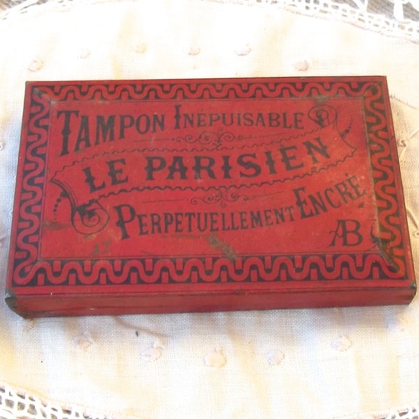 Antique French Ink pad tin Fabric Inking kit for Embroidery Trousseau Printing Paris Metal box