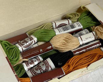 May include: An open cardboard box filled with colorful embroidery floss. The floss is in various shades of green, orange, black, and tan. The spools are labeled with numbers and text, and the box has text at the bottom that reads "12 échevettes de 10 m".