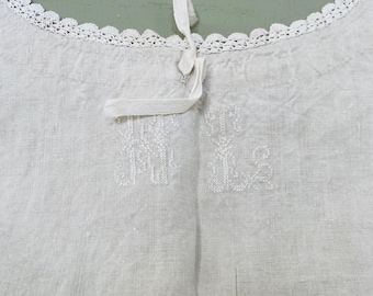 Antique French  Flax Linen Smock Embroidered Tunic c1890