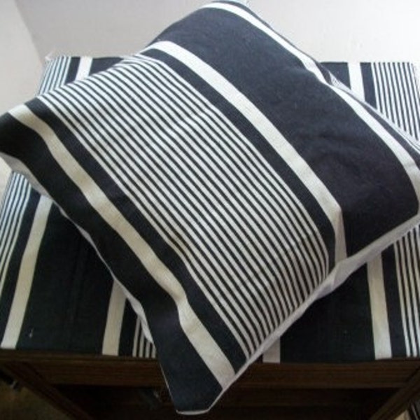 Pair of Antique French Linen Ticking Cushion Covers. Ink Blue and White Striped Pillow Slips