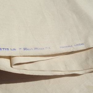 Vintage French Ecru Linen Toile Fleur Bleue metis Untreated Unused Calico sheeting by the yard