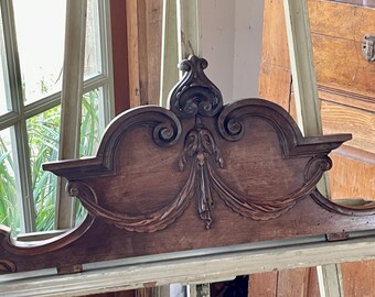 Antique Vintage french wood furniture pediment. Armoire Door Mirror ornament.  Architectural salvage.