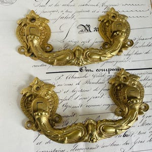 Antique French Drawer Handles Pair of  pivoted brass door pulls accent decoration
