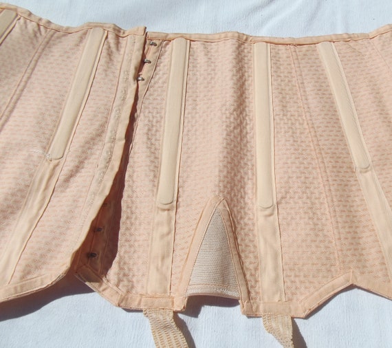 Vintage French Corset Apricot Pink Lace up girdle… - image 4