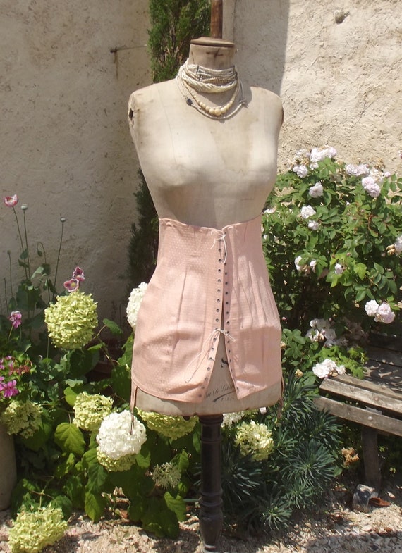 Vintage French Corset Apricot Pink Lace up girdle… - image 5