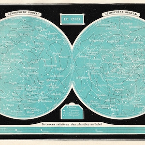 Original antike französische Karte des Nachthimmels Gravierte Buchseite Sterne gucken Astronomie