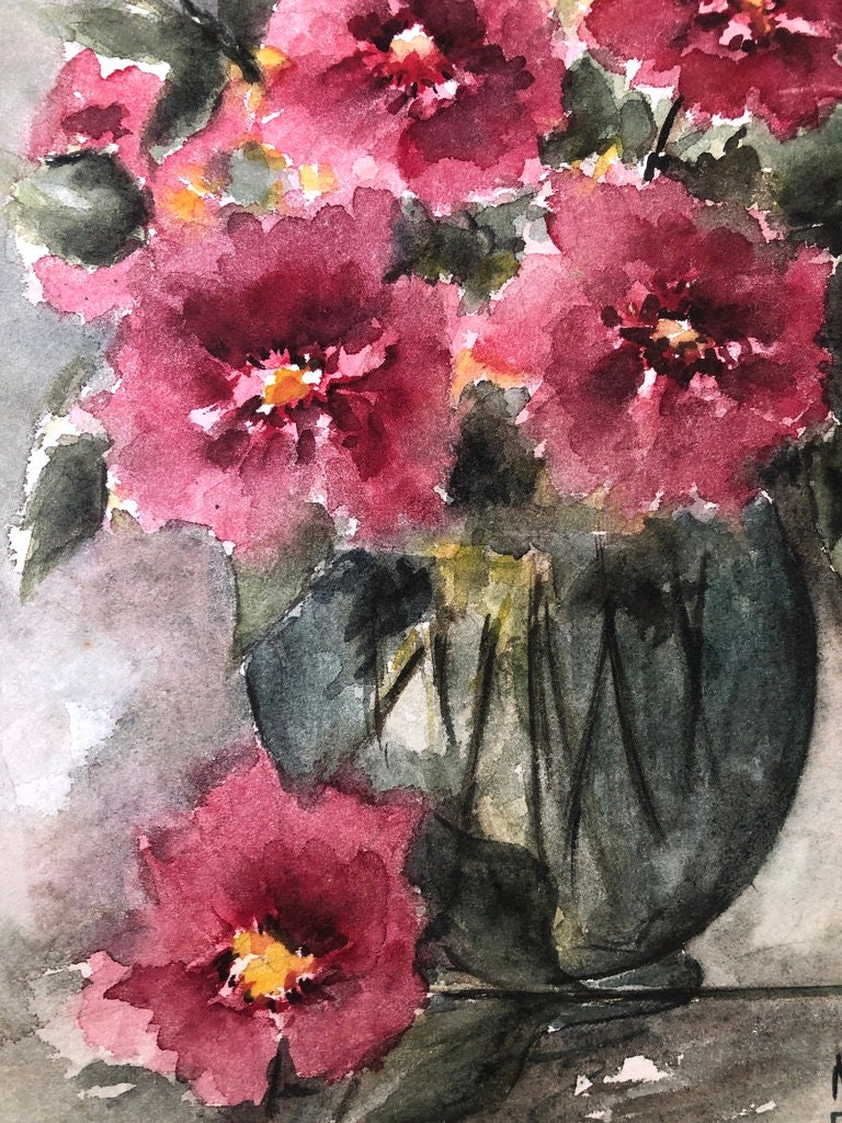 フランス　水彩画　ヴィンテージ アンティーク オリジナル フランス 水彩画 1930 年代 花瓶 署名入り