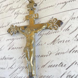 Antique French Pectoral Cross Brass Christ Rosary Wall Crucifix lily