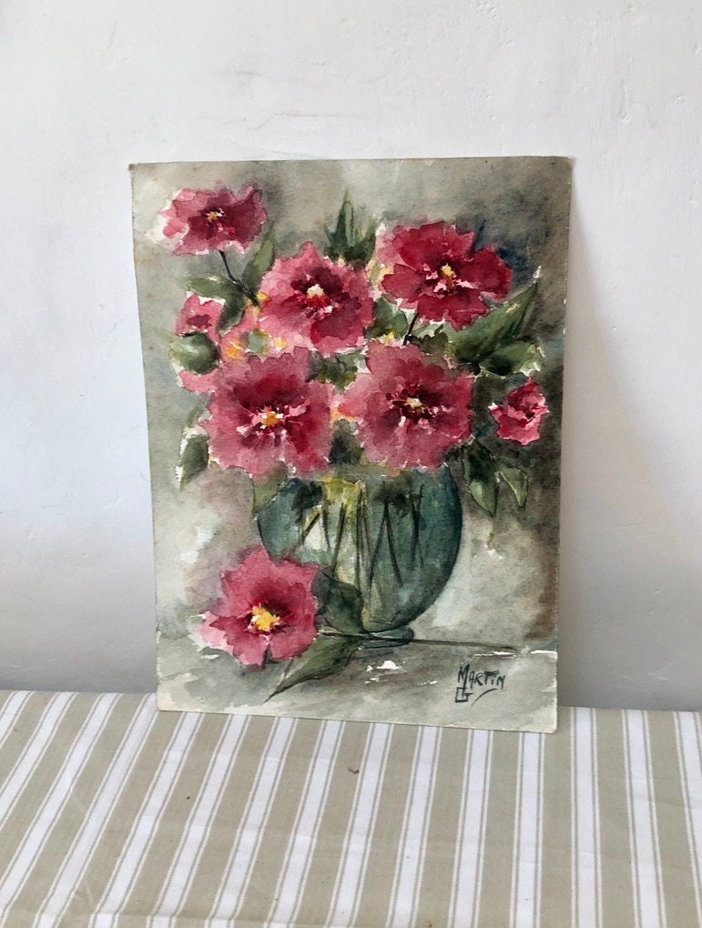 フランス　水彩画　ヴィンテージ アンティーク オリジナル フランス 水彩画 1930 年代 花瓶 署名入り