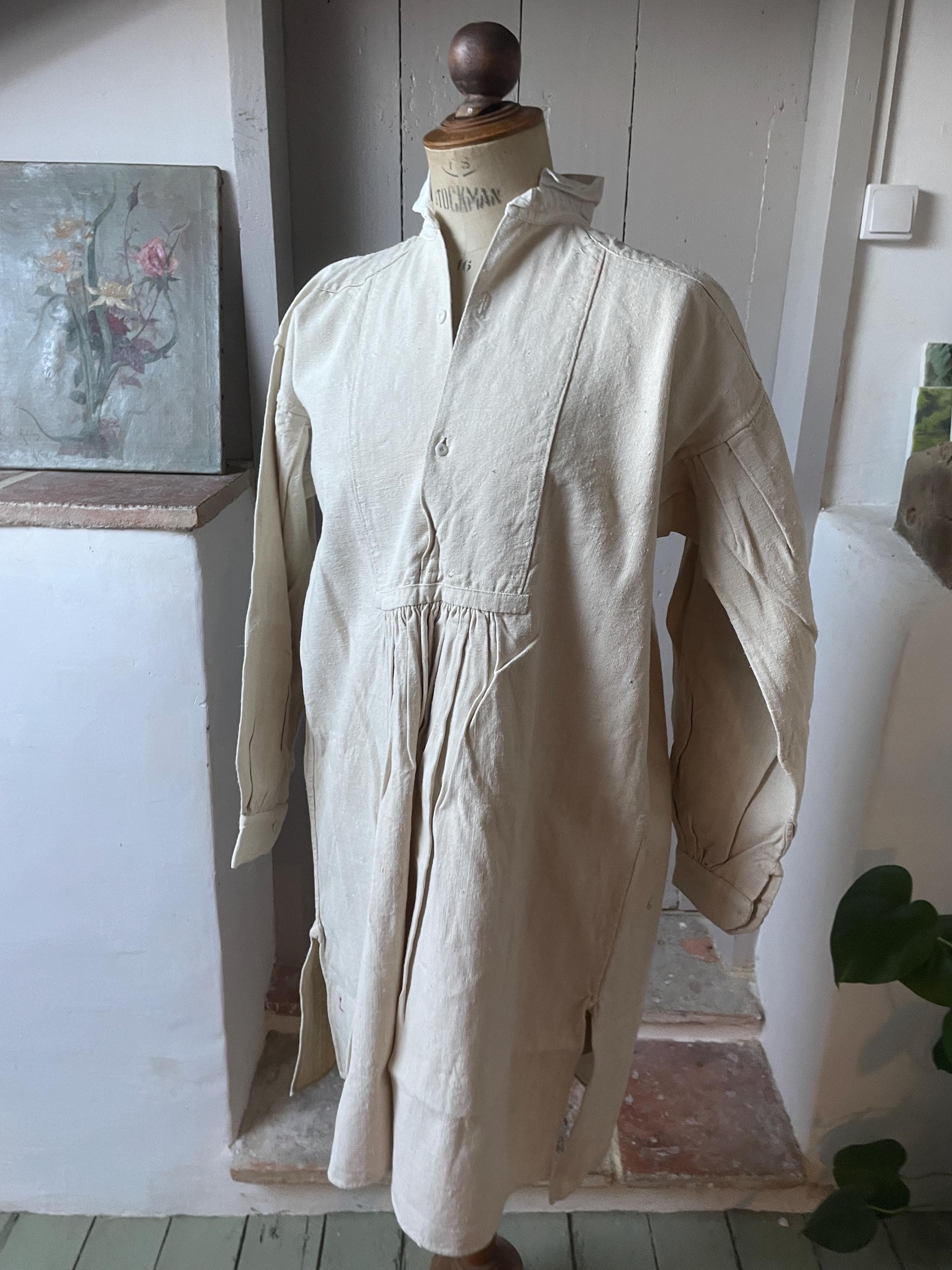 Antique French Shirt chanvre Linen Shirt Smock Tunic Homespun chemise