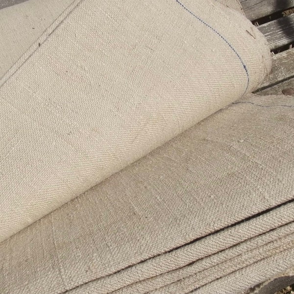 Vintage French Dark Oatmeal gross grain upholstery Linen Fabric Untreated Unused Hemp Canvas sheeting by the yard / metre