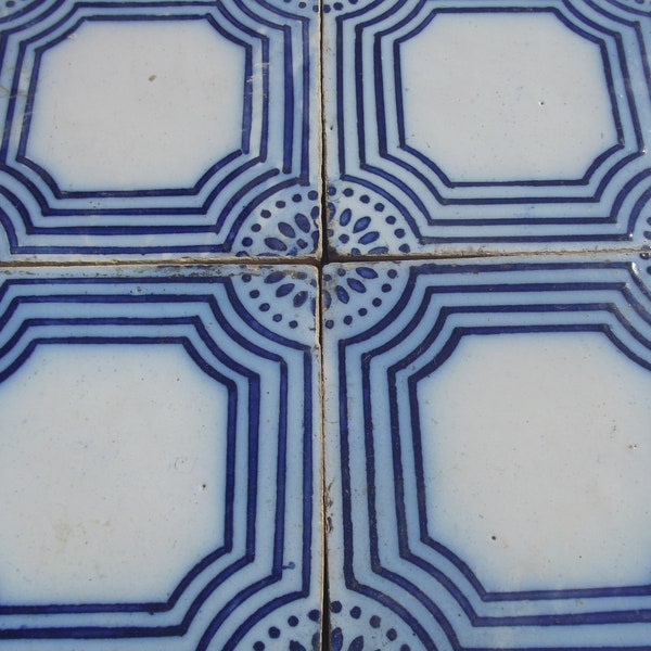 Set Antique French Tiles Blue White Handmade 19th Century Tiles