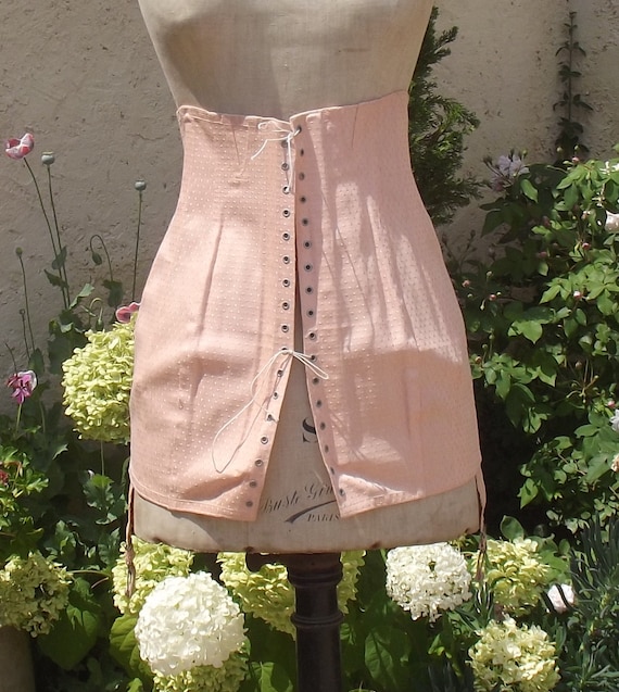 Vintage French Corset Apricot Pink Lace up girdle… - image 1