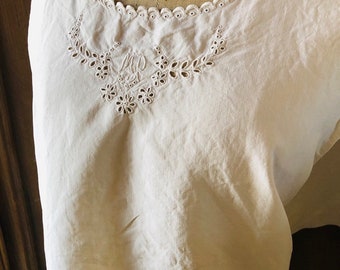 Vintage French Linen Camisole Dress slip Hand stitched Embroidered Cloud Trim