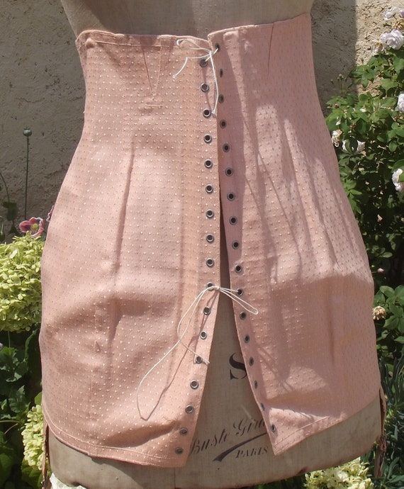 Vintage French Corset Apricot Pink Lace up girdle… - image 3
