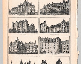 Antique Print French Chateaux 1920s Engraved illustration Loire Castle Book Page